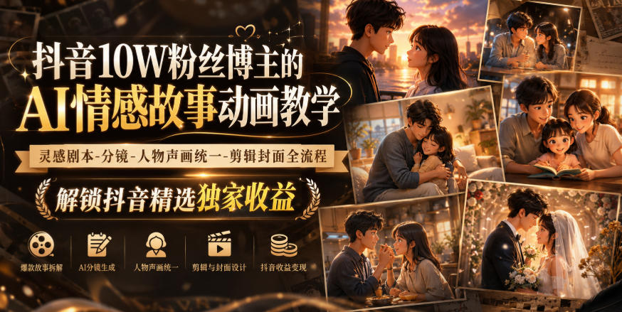 抖音10W粉丝博主的AI情感故事动画教学，灵感剧本‑分镜‑人物声画统一‑剪辑封面全流程，解锁抖音精选独家收益-聊项目