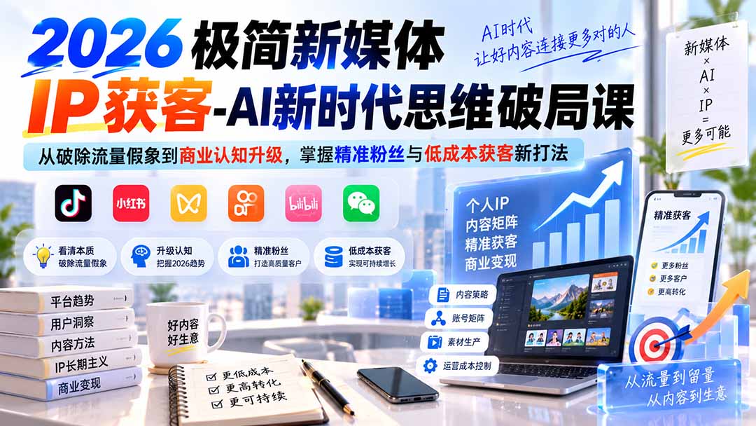 2026极简新媒体IP获客-AI新时代思维破局课：从破除流量假象到商业认知升级，掌握精准粉丝与低成本获客新打法-聊项目