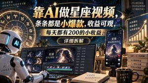 靠AI做星座视频，条条都是小爆款，收益可观，每天都有200的小收益，详细拆解-聊项目