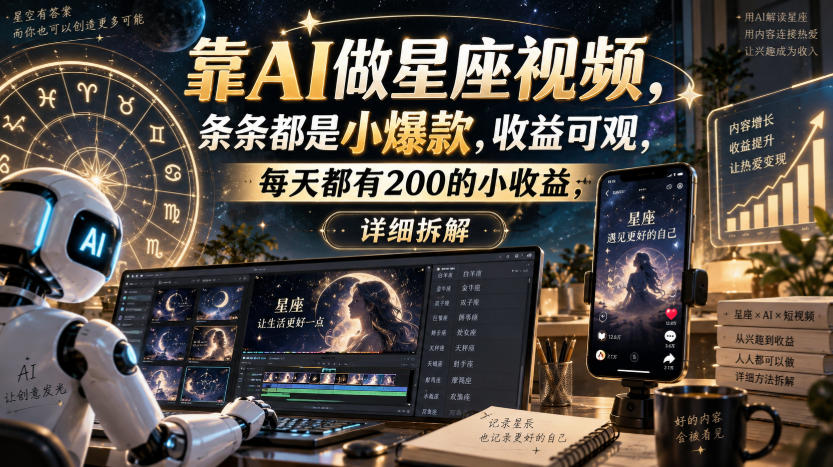 靠AI做星座视频，条条都是小爆款，收益可观，每天都有200的小收益，详细拆解-聊项目