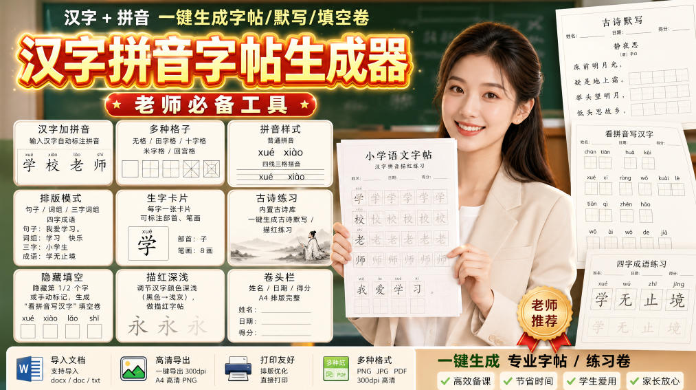 学习神器，汉字拼音字帖生成器，汉字+拼音 一键生成字帖/默写/填空卷，支持词组、成语，老师、家长必备-聊项目