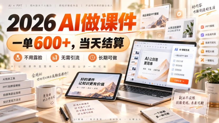 2026 AI做课件，一单600+，当天结算，不用露脸，无需引流，长期可做【揭秘】-聊项目