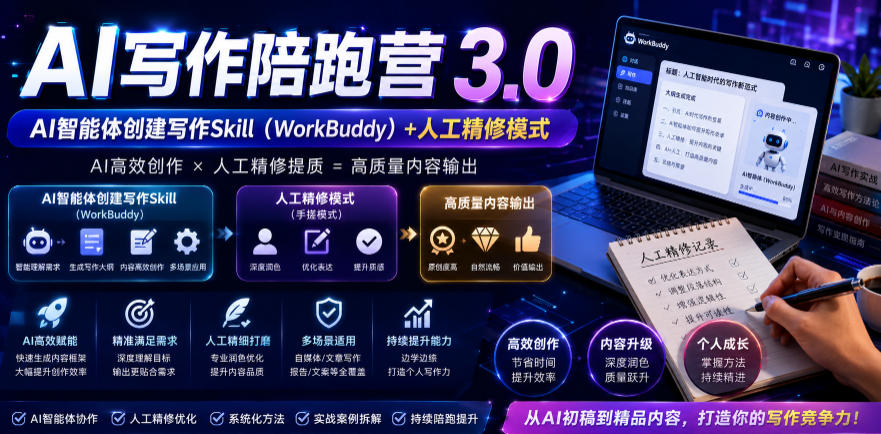 AI写作陪跑营3.0，Ai智能体创建写作skill(workbuddy)+人工手写模式(手搓模式)，去除AI痕迹(头条号、公众号、百家号)(更新0907)-聊项目