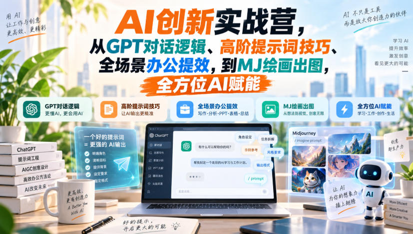 AI创新实战营，从GPT对话逻辑、高阶提示词技巧、全场景办公提效，到MJ绘画出图，全方位AI赋能-聊项目