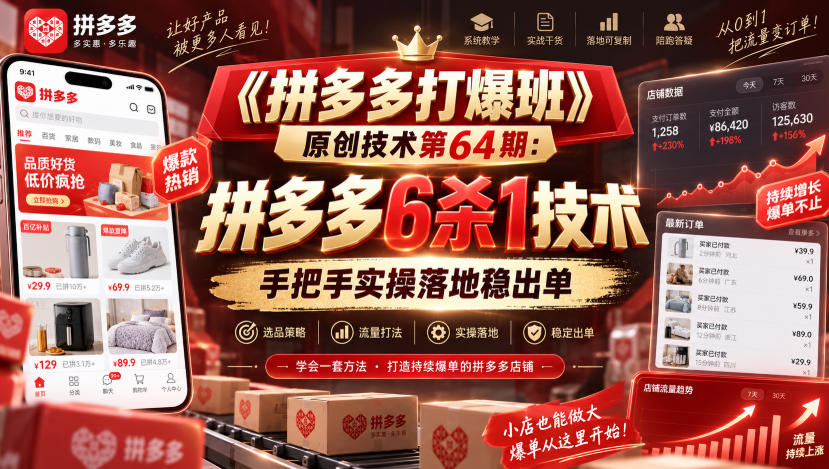 《拼多多打爆班》原创技术第64期：拼多多6杀1技术，手把手实操落地稳出单-聊项目