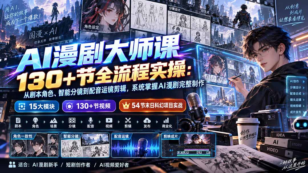 AI漫剧大师课130+节全流程实操：从剧本角色、智能分镜到配音运镜剪辑，系统掌握AI漫剧完整制作-聊项目