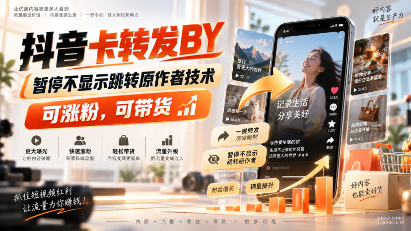 抖音卡转发搬运，暂停不显示跳转原作者技术，可涨粉，可带货-聊项目