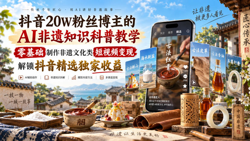 抖音20W粉丝博主的AI非遗知识科普教学，零基础制作非遗文化类短视频变现，解锁抖音精选独家收益-聊项目