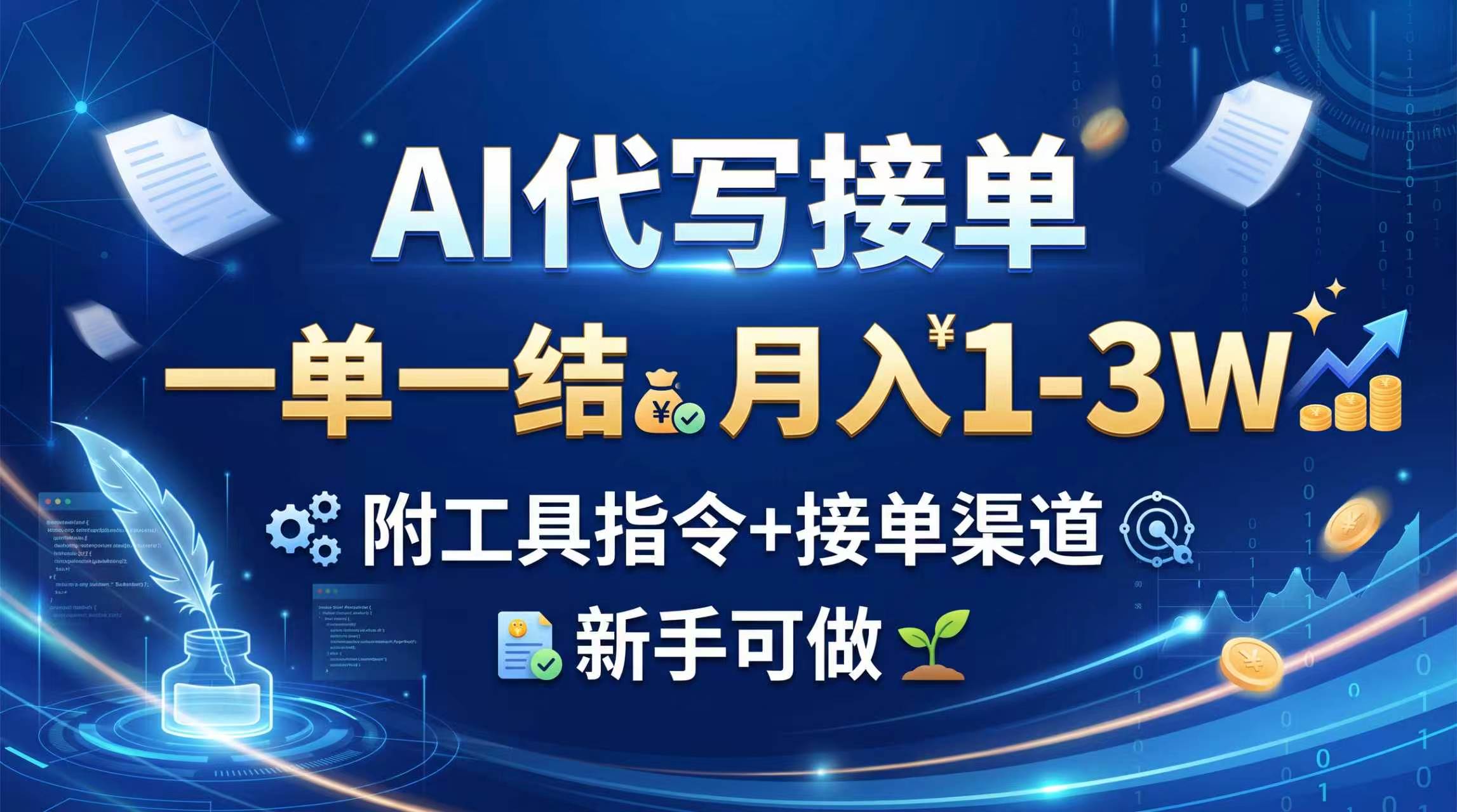 AI代写接单，一单一结，月入1-3W，附工具指令+接单渠道，新手可做-聊项目