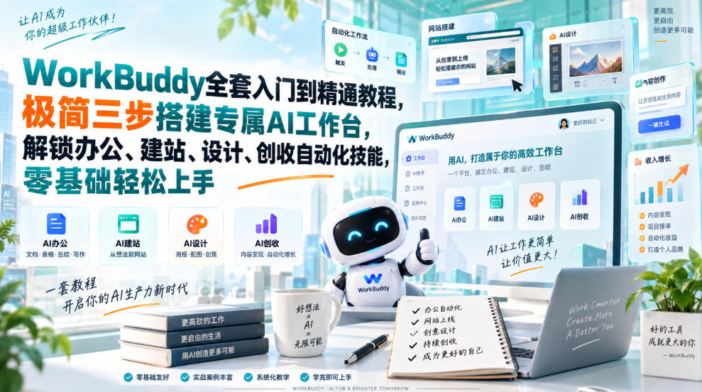 WorkBuddy全套入门到精通教程，极简三步搭建专属AI工作台，解锁办公、建站、设计、创收自动化技能，零基础轻松上手-聊项目