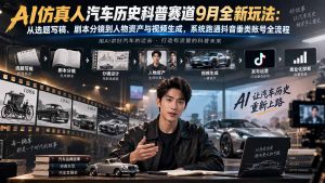 AI仿真人汽车历史科普赛道9月全新玩法:从选题写稿、剧本分镜到人物资产与视频生成,系统跑通抖音垂类账号全流程-聊项目