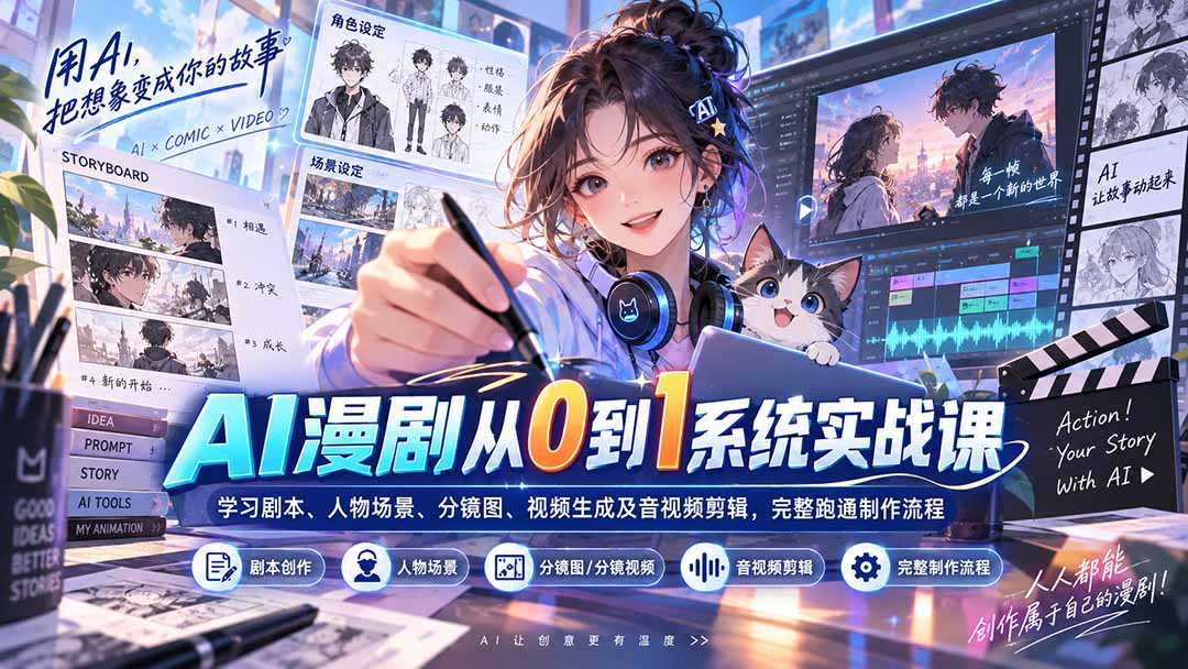 AI漫剧从0到1系统实战课：学习剧本、人物场景、分镜图、视频生成及音视频剪辑，完整跑通制作流程-聊项目