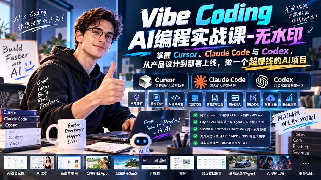 Vibe Coding AI编程实战课-无水印：掌握Cursor、Claude Code与Codex，从产品设计到部署上线，做一个超赚钱的AI项目-聊项目