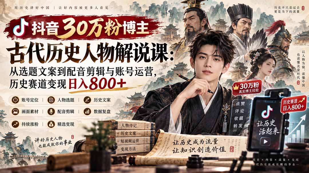 抖音30万粉博主古代历史人物解说课：从选题文案到配音剪辑与账号运营，历史赛道变现日入800+-聊项目