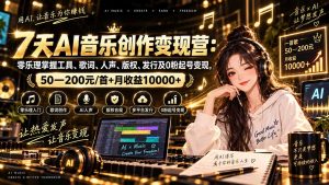 AI音乐创作变现营:零乐理掌握工具、歌词、人声、版权、发行及0粉起号变现,50—200元/首+月收益10000+-聊项目