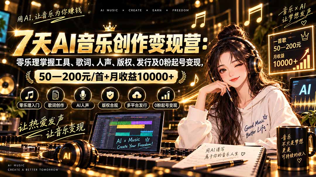 AI音乐创作变现营：零乐理掌握工具、歌词、人声、版权、发行及0粉起号变现，50—200元/首+月收益10000+-聊项目