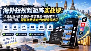 海外短视频矩阵实战课:环境配置+账号注册+原创生图+视频发布+中视频开通,零基础跑通海外流量变现闭环-聊项目