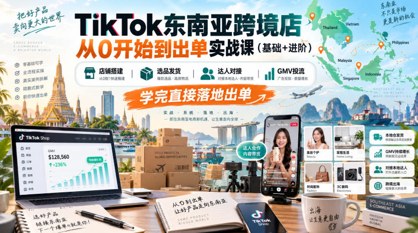 TikTok东南亚跨境店从0开始到出单实战课(基础+进阶)，店铺搭建、选品发货、达人对接、GMV投流，学完直接落地出单-聊项目