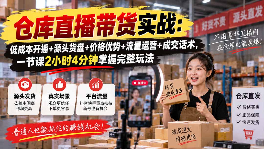 仓库直播带货实战：低成本开播+源头货盘+价格优势+流量运营+成交话术，一节课2小时4分钟掌握完整玩法-聊项目