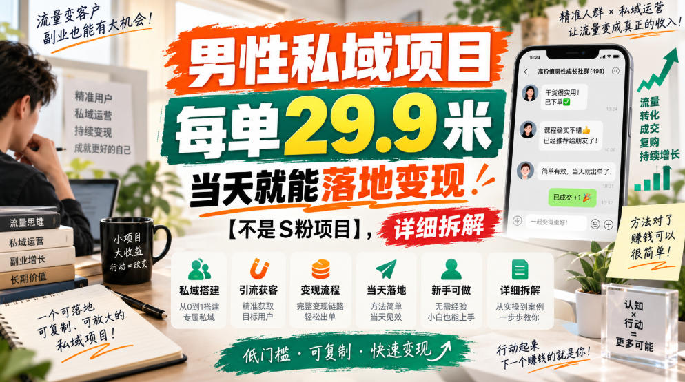 男性私域项目，每单29.9米，当天就能落地变现【不是S粉项目】，详细拆解-聊项目