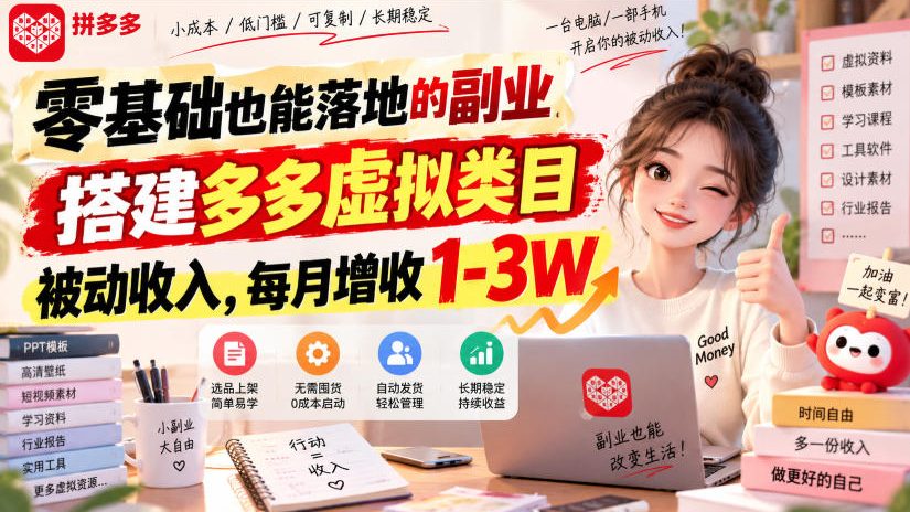 零基础也能落地的副业，搭建多多虚拟类目被动收入，每月增收1-3W【揭秘】-聊项目
