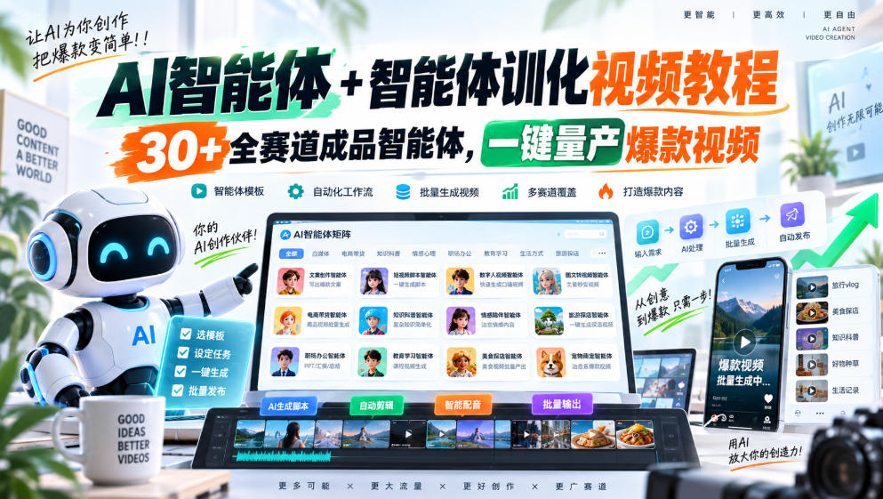 AI智能体+智能体训化视频教程，30+全赛道成品智能体，一键量产爆款视频-聊项目