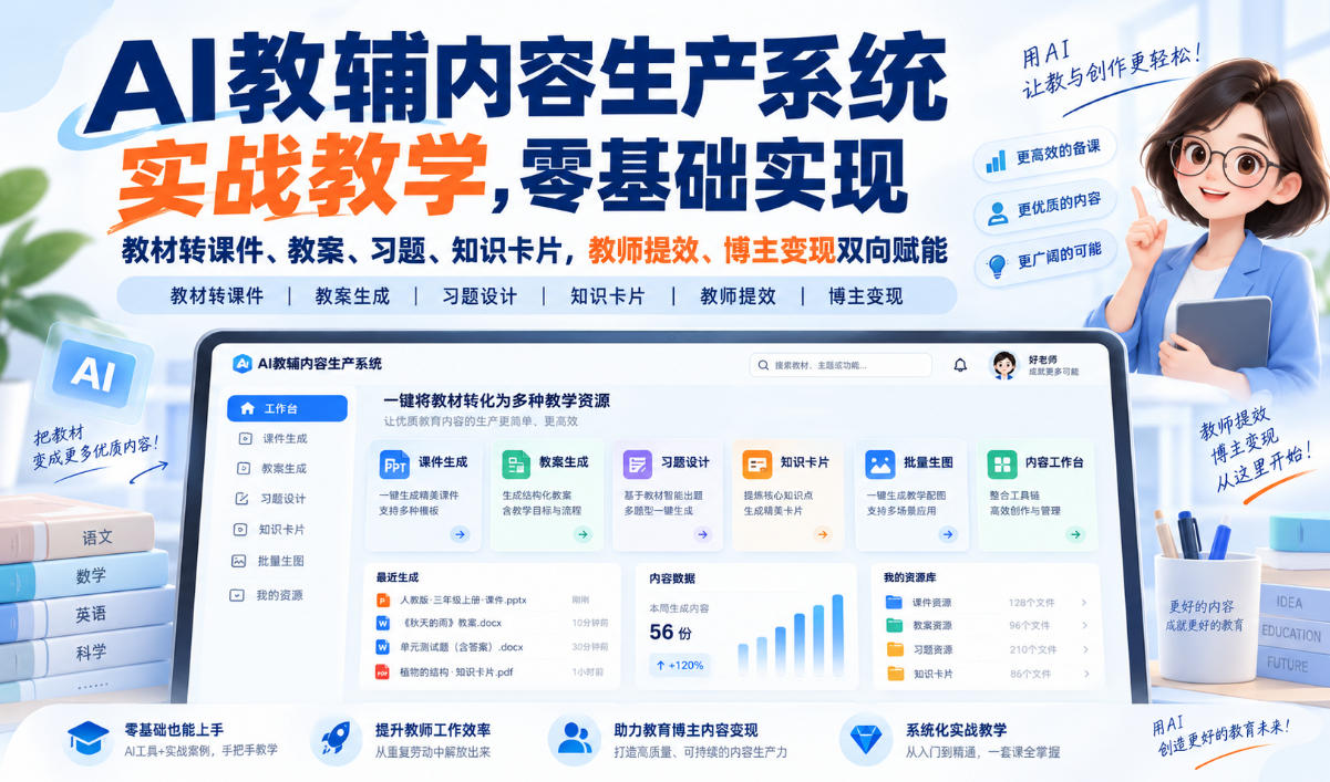 AI教辅内容生产系统实战教学，零基础实现教材转课件、教案、习题、知识卡片，教师提效、博主变现双向赋能-聊项目