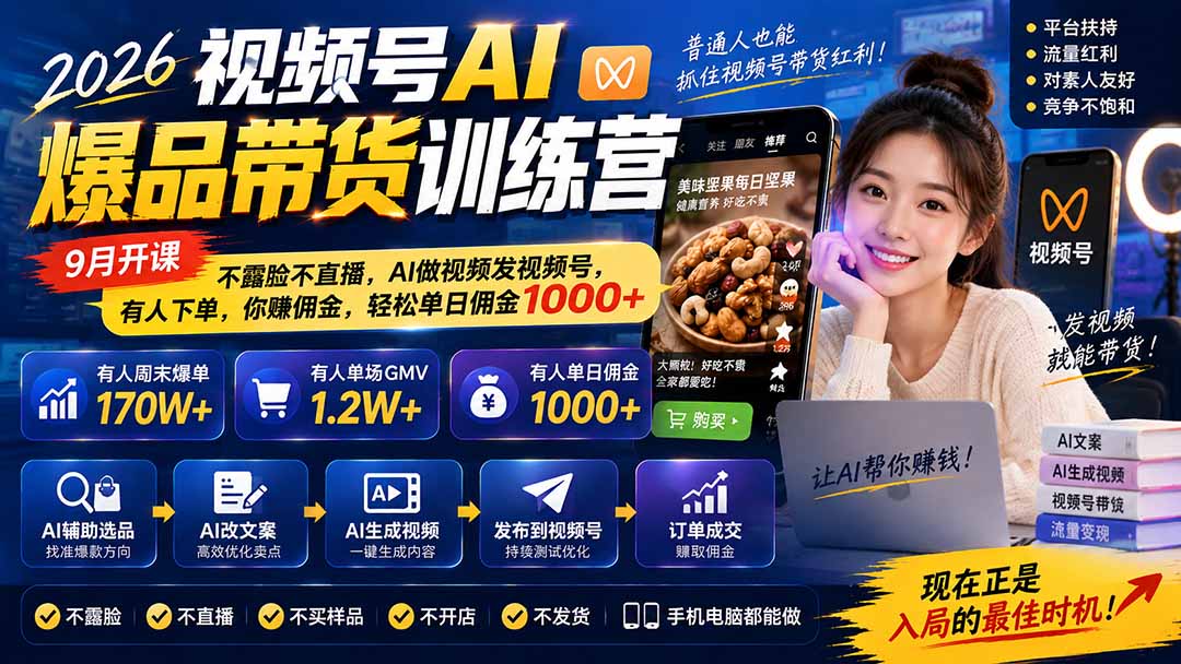 图片[1]-2026视频号AI爆品带货训练营-9月开课｜不露脸不直播，AI做视频发视频号，有人下单，你赚佣金，轻松单日佣金1000+-聊项目