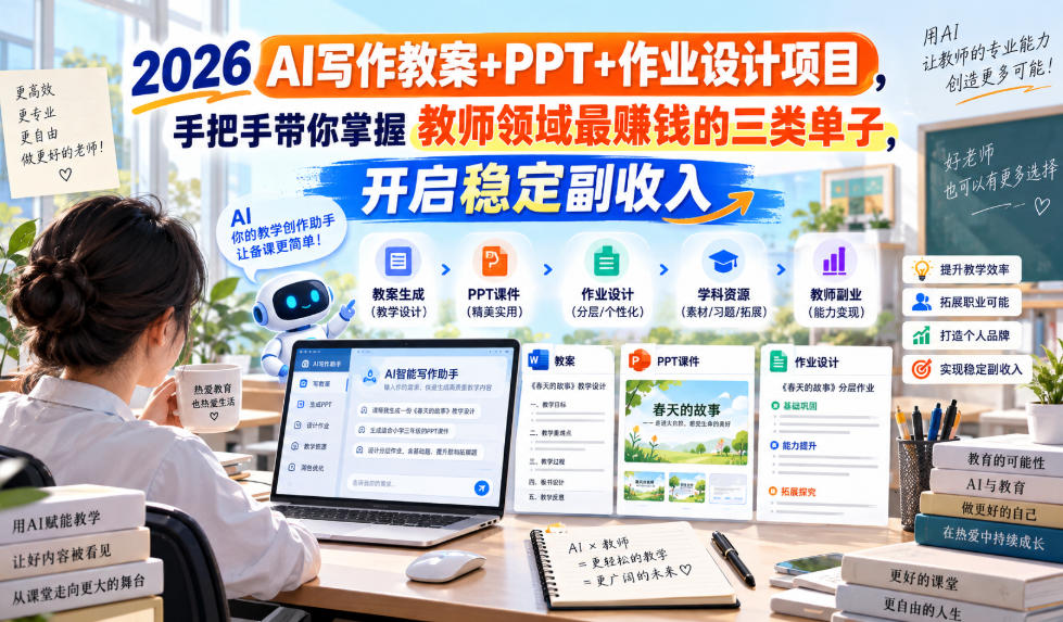 2026 AI写作教案+PPT+作业设计项目，手把手带你掌握教师领域最賺钱的三类单子，开启稳定副收入-聊项目