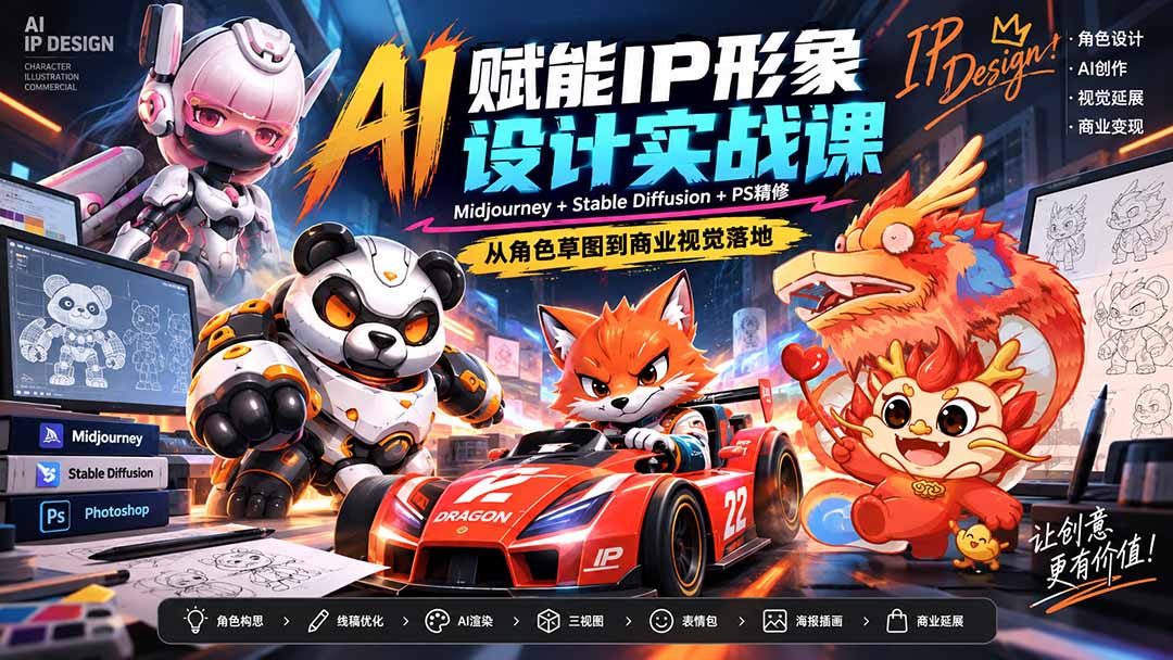 AI赋能IP形象设计实战课-无水印：Midjourney+Stable Diffusion+PS精修，从角色草图到商业视觉落地-聊项目