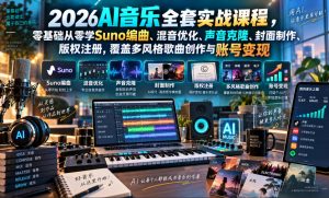 2026AI音乐实战课程，零基础从零学Suno编曲、混音优化、声音克隆、版权注册，覆盖多风格歌曲创作与账号变现-聊项目