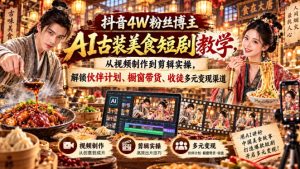 抖音4W粉丝博主AI古装美食短剧教学,从视频制作到剪辑实操,解锁伙伴计划、橱窗带货、收徒多元变现渠道-聊项目