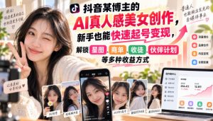 抖音某博主的AI真人感美女创作，新手也能快速起号变现，解锁星图，商单，收徒，伙伴计划等多种收益方式-聊项目