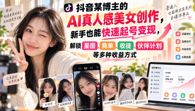 抖音某博主的AI真人感美女创作，新手也能快速起号变现，解锁星图，商单，收徒，伙伴计划等多种收益方式-聊项目
