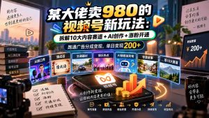 某大佬卖980的视频号新玩法：拆解10大内容赛道+AI创作+涨粉开通，跑通广告分成变现，单日变现200+-聊项目