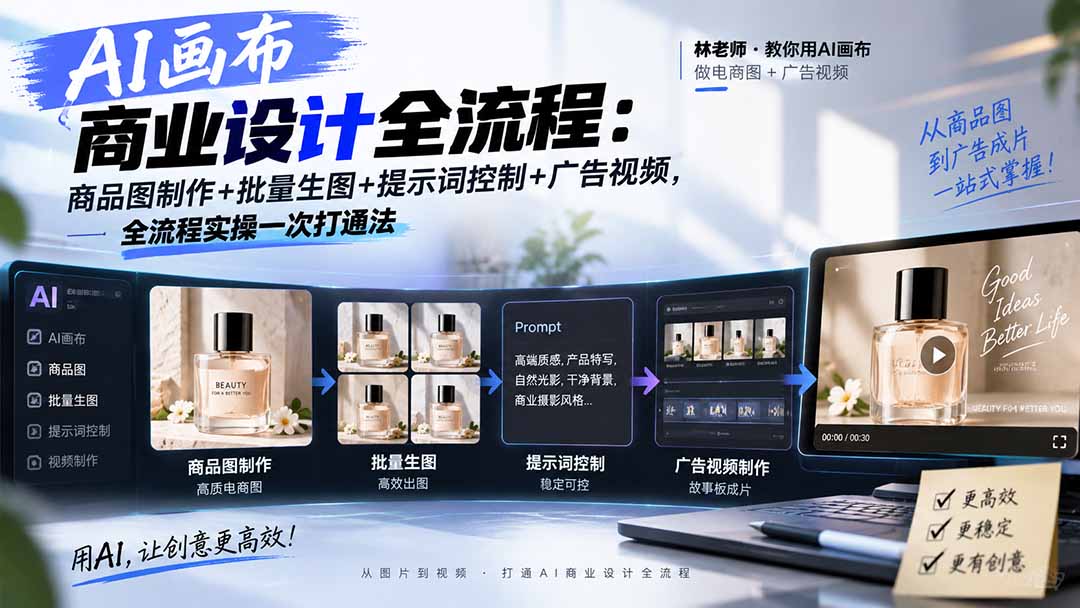 AI画布商业设计全流程：商品图制作+批量生图+提示词控制+广告视频，全流程实操一次打通法-聊项目