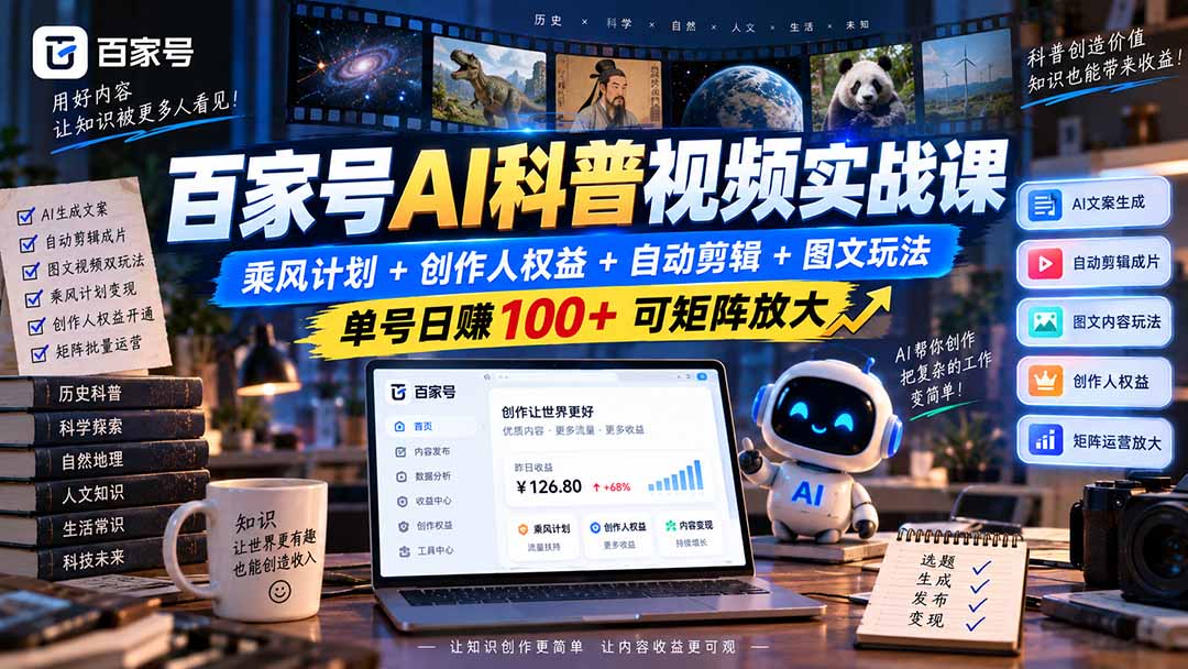 百家号AI科普视频实战课：乘风计划+创作人权益+自动剪辑+图文玩法，单号日赚100+可矩阵放大-聊项目