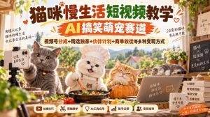 猫咪慢生活短视频教学，AI搞笑萌宠赛道，视频号分成+精选独家+伙伴计划+商单收徒等多种变现方式-聊项目