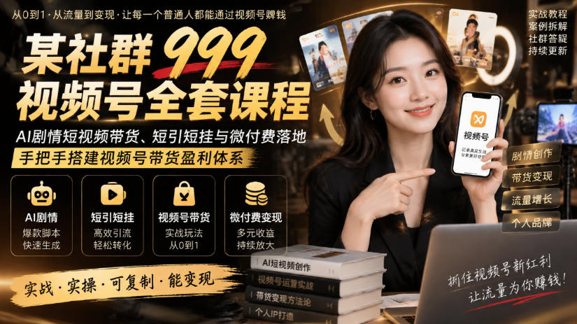 某社群999视频号全套课程，AI剧情短视频带货、短引短挂与微付费落地，手把手搭建视频号带货盈利体系-聊项目