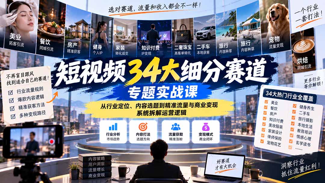 短视频34大细分赛道专题实战课：从行业定位、内容选题到精准流量与商业变现，系统拆解运营逻辑-聊项目