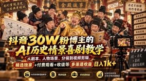 抖音30W粉博主的AI历史情景喜剧教学，从剧本、人物场景、分镜到视频剪辑，精选独家+付费观看+收徒等多渠道收益日入1k+-聊项目