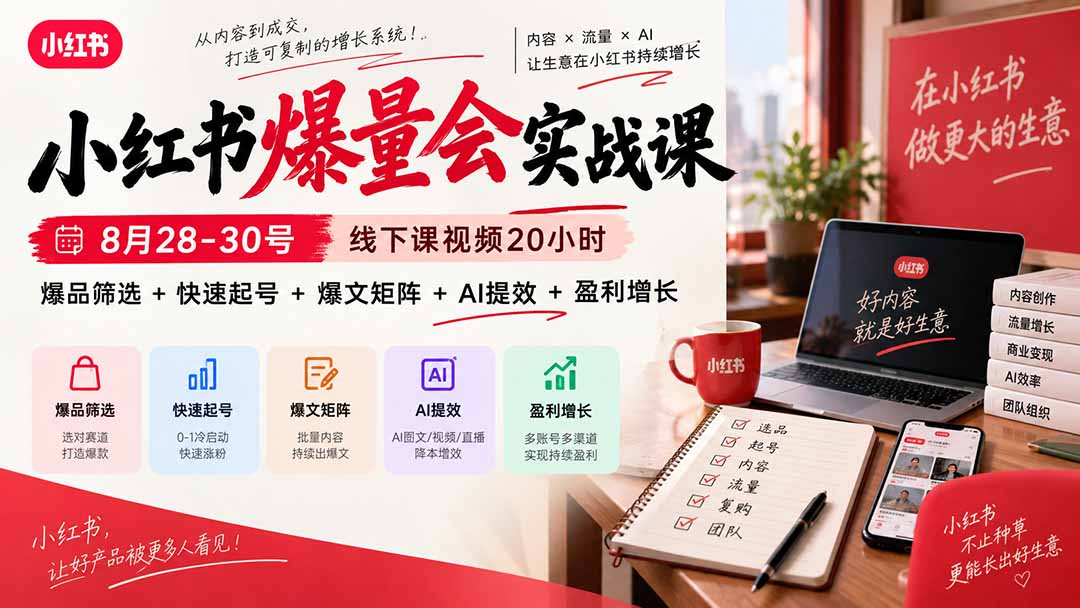 小红书爆量会实战课-更新9月23：线下课视频20小时，爆品筛选+快速起号+爆文矩阵+AI提效+盈利增长-聊项目