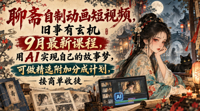 聊斋自制动画短视频，旧事有玄机9月最新课程，用AI实现自己的故事梦，可做精选附加分成计划，接商单收徒-聊项目