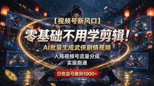 【视频号新风口】零基础不用学剪辑！AI 批量生成武侠剧情视频，入局视频号流量分成，实操跑通，日收益可做到 1000+-聊项目