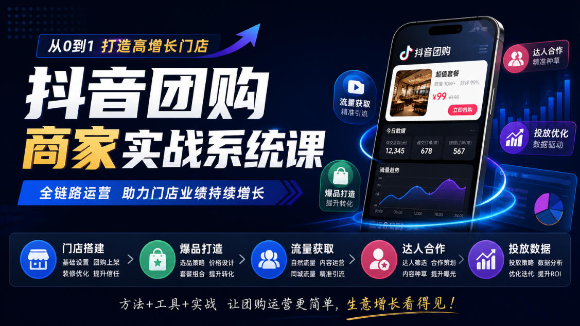 抖音团购商家实战系统课｜门店搭建、爆品打造、流量获取、达人合作、投放数据全链路运营-聊项目