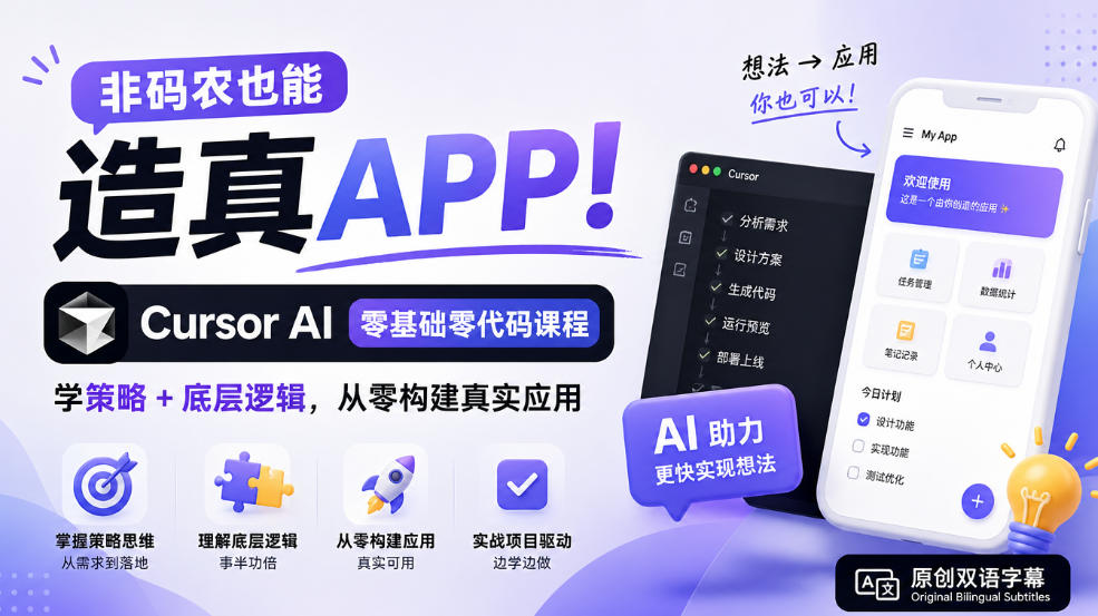 非码农也能造真APP！Cursor AI零基础零代码课程：学策略+底层逻辑，从零构建真实应用【原创双语字幕】-聊项目