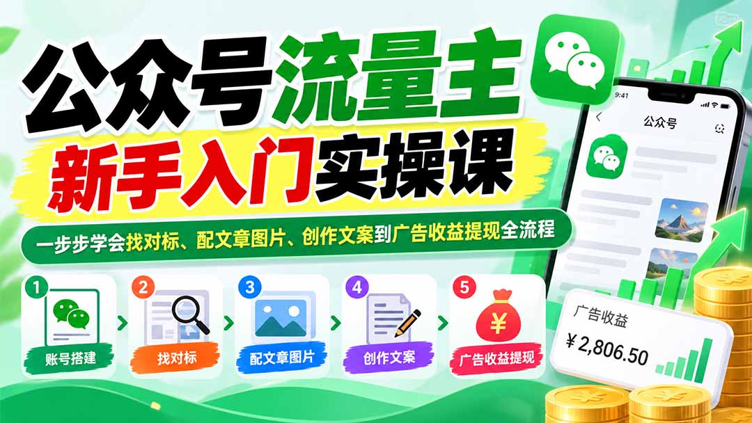 公众号流量主新手入门实操课：一步步学会找对标、配文章图片、创作文案到广告收益提现全流程-聊项目