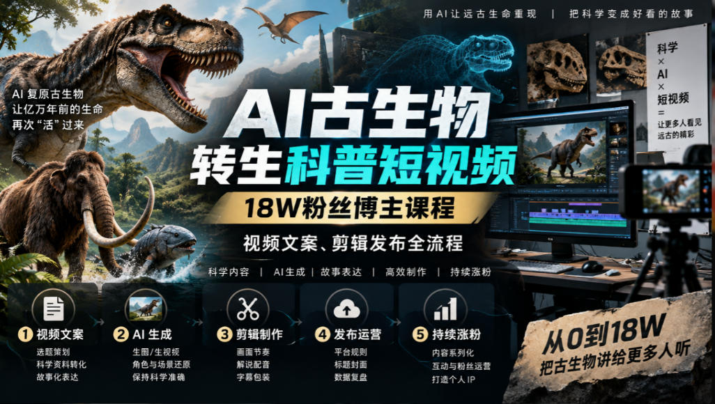 AI古生物转生科普短视频，18W粉丝博主课程，视频文案、剪辑发布全流程-聊项目