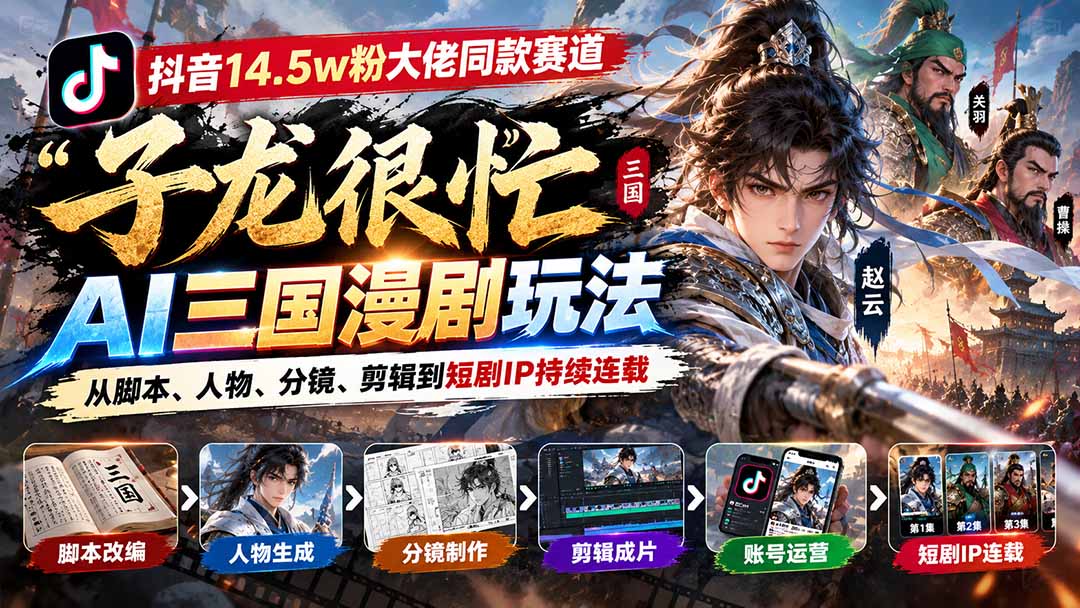 抖音14.5w粉大佬同款赛道「子龙很忙」AI三国漫剧玩法：从脚本、人物、分镜、剪辑到短剧IP持续连载-聊项目