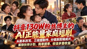 抖音130W粉丝博主的AI正能量家庭短剧,从剧本改写、三视图制作、分镜到剪辑成片,解锁伙伴计划、商单接单、收徒多重收益(更新1007)-聊项目